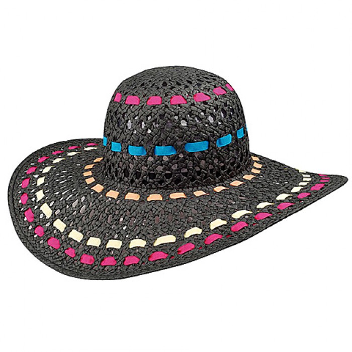 Wide Brim Toyo Straw Accent w/ Colorful Ribbons - Black - HT-8213BK